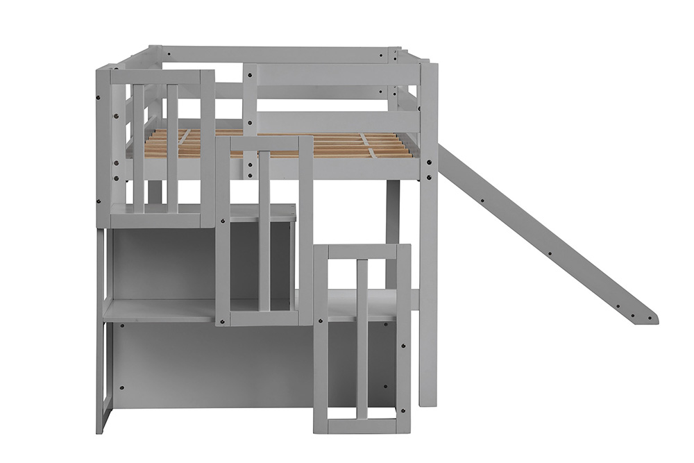 Children's Loft Bed with Storage Stairs and Slide - Grey