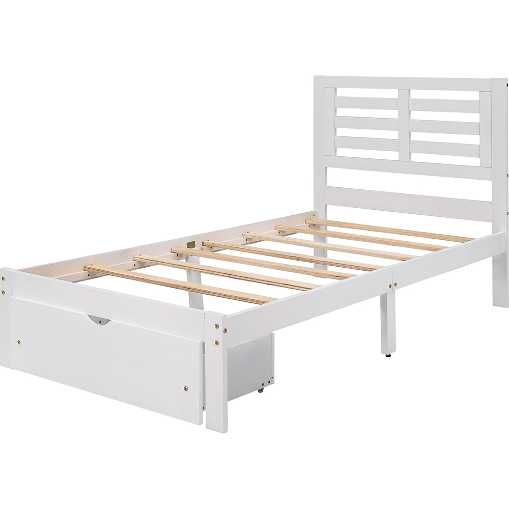 Twin Size Wooden Bed Frame with Storage Drawer - White