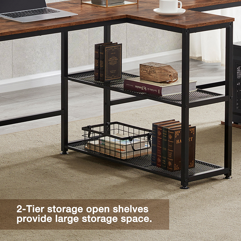 Home Office Dual Person Computer Desk with Two-layer Shelf and CPU Bracket - Brown