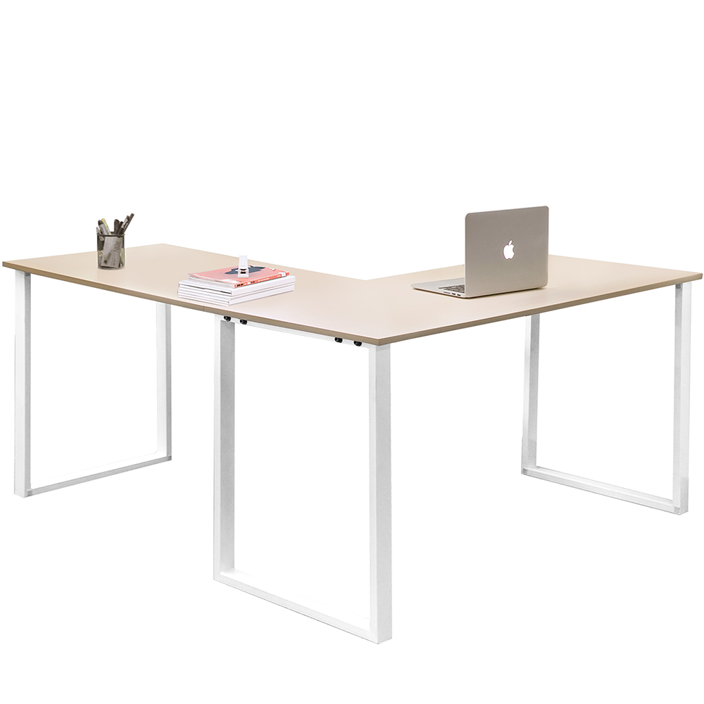 Home Office L-shape Computer Desk Wooden Tabletop Metal Frame - Oak + Wood