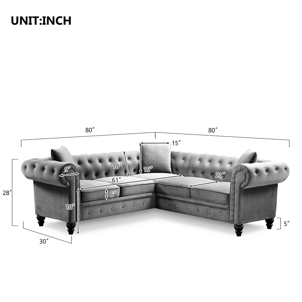 80" L-shaped Velvet Upholstered Sofa Chesterfield Design with Roll Arm and 3 Pillows Suitable for Five People - Gray
