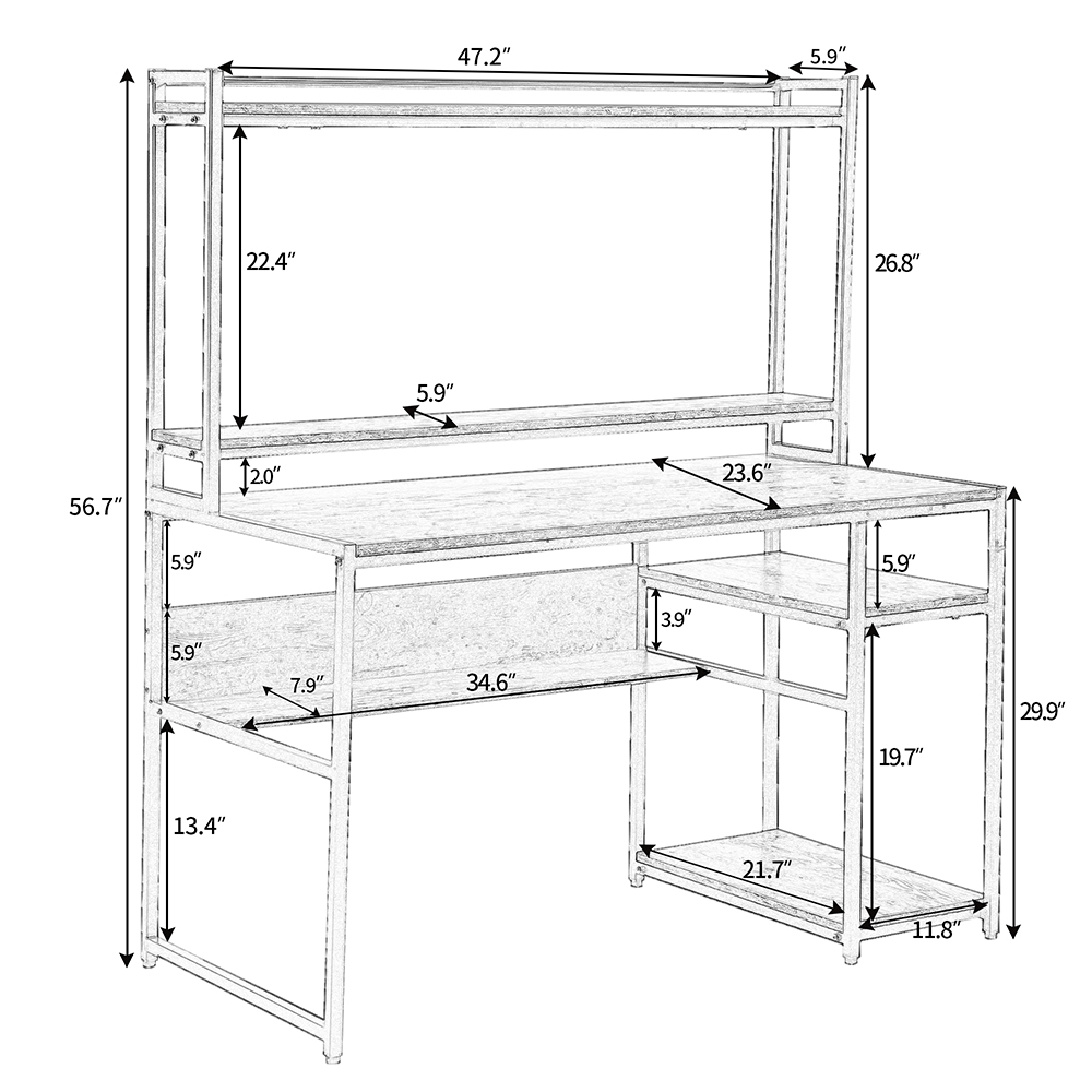 Home Office Computer Desk with Bookshelf & Detachable Display Riser & CPU Bracket - Black