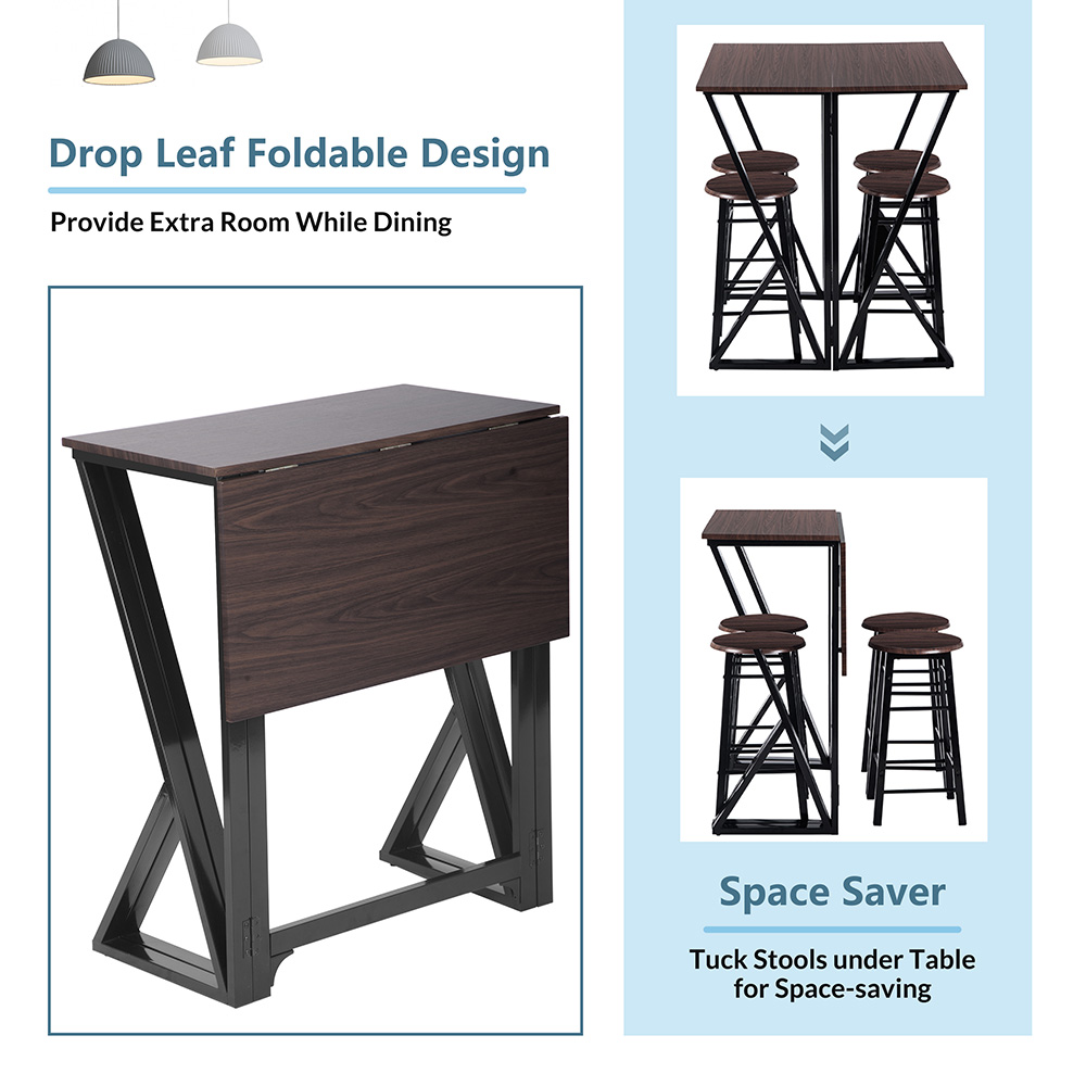 TOPMAX 5 Piece Folding Bar Table Set with 4 Stools for Kitchen, Living Room, Bar, Restaurant - Dark Coffee