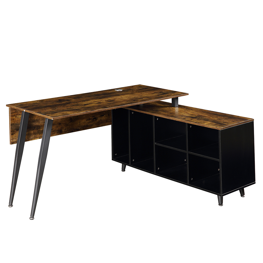 Home Office L-Shaped Computer Desk with Storage Shelves & Wire Management Grommet - Brown