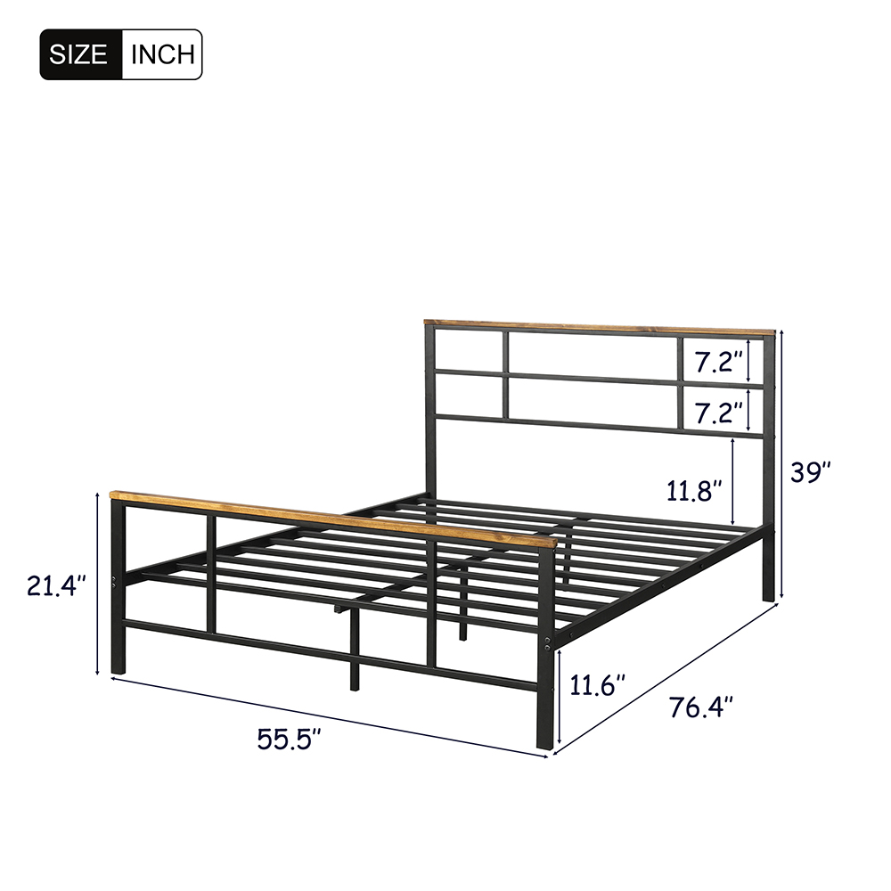 Full Size Metal Bed Frame with Pine Wood Headboard and Footboard - Black