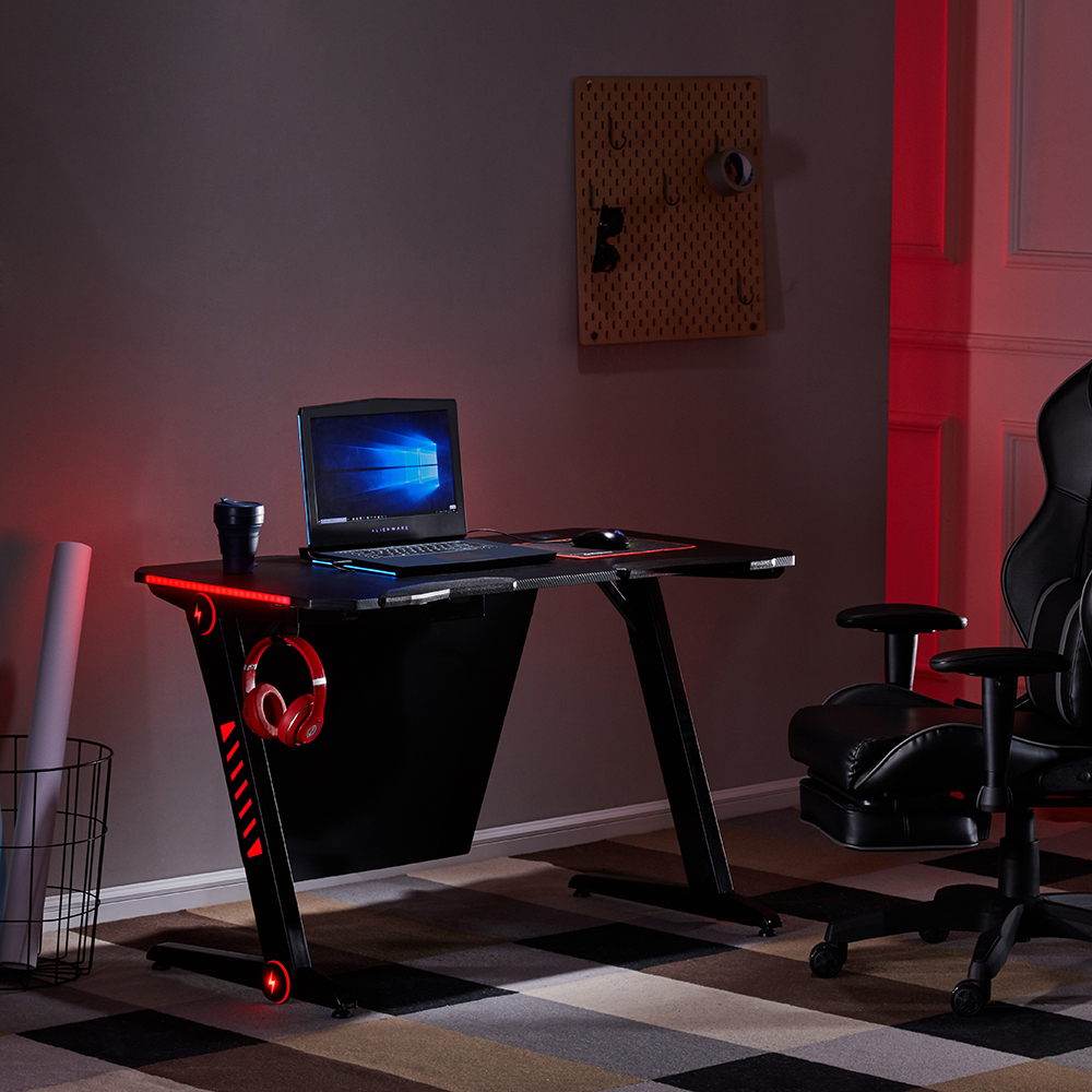 Home Office Computer Desk Ergonomic Gaming Table Plus RGB LED Lights with Headphone Hook - Black