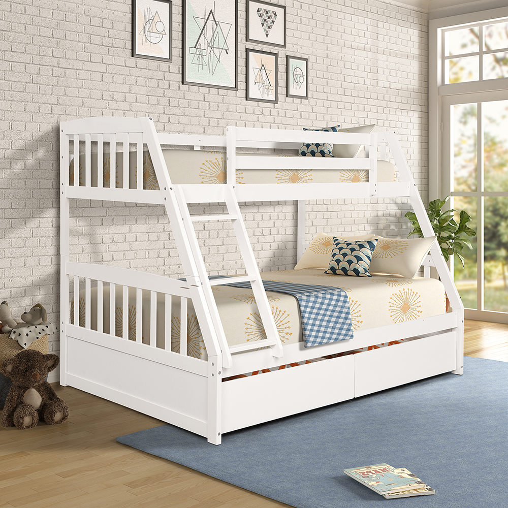 TOPMAX Solid Wood Bunk Bed with 2 Storage Drawers, Ladder and Guardrail - White