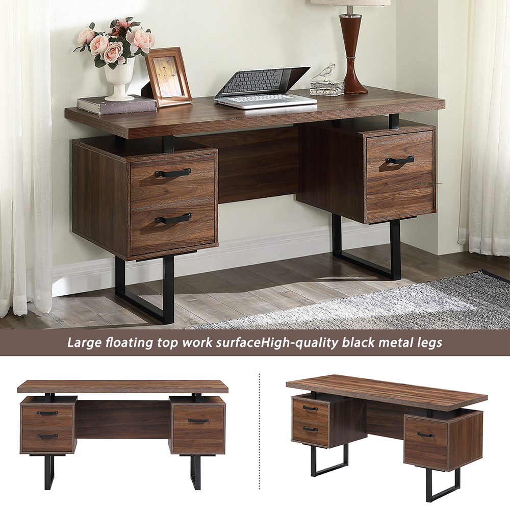 Home Office Computer Desk with Three File Drawers, U-shaped Metal Legs - Walnut