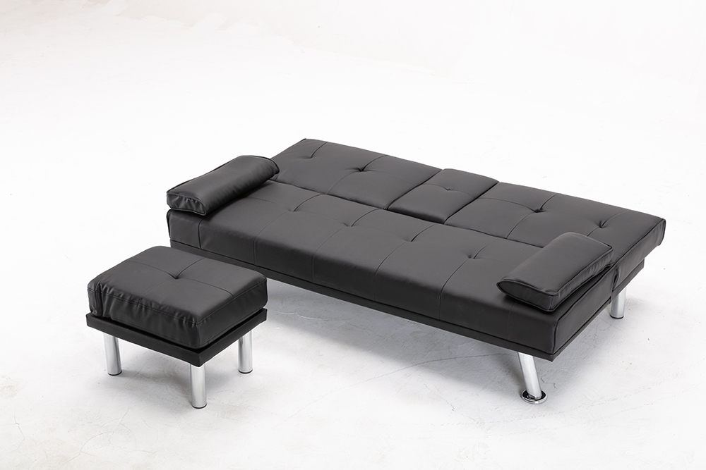 Folding Air Leather Sofa Bed with 2 Cup Holders Black