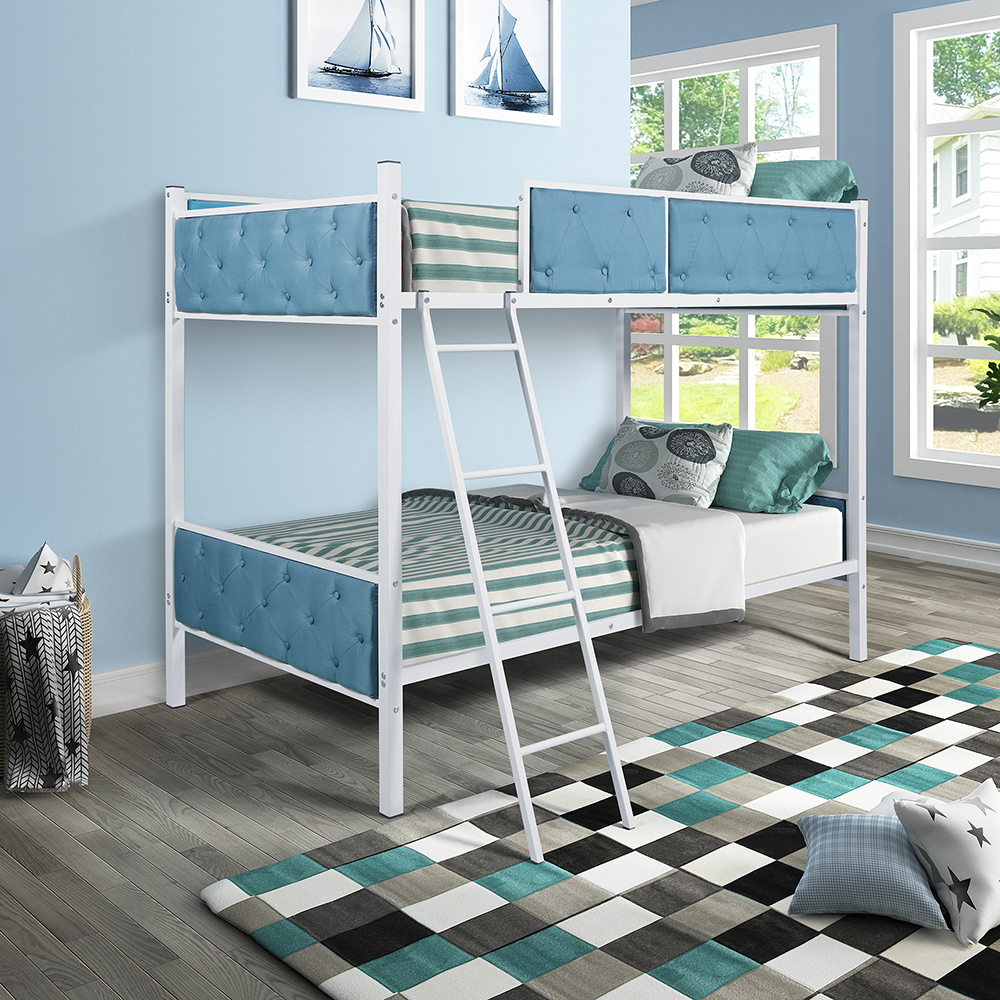 Metal Bunk Bed Frame with Ladder and Upper Guardrail, Save Space Quick Assembly - Light Blue