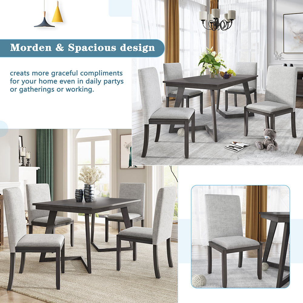 TOPMAX 5 Pieces of Dining Set, with Wooden Rectangular Table & 4 * Linen Chairs - Gray