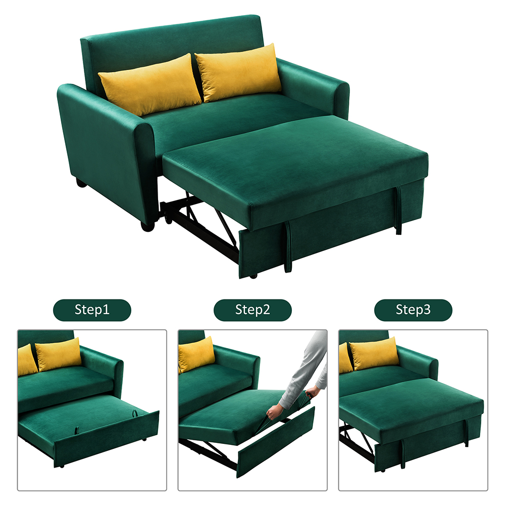 55" Velvet Multifunctional Pull-out Sofa Bed Lying and Sitting 2-in-1 with 2 Pillows and Wheels, 2 Seats - Green