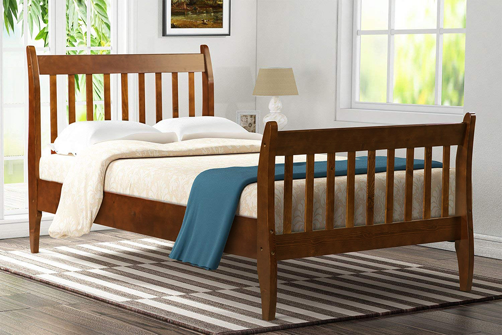 TOPMAX 80" Wooden Bed Frame with Wooden Slats and Railings (Frame Only) - Walnut