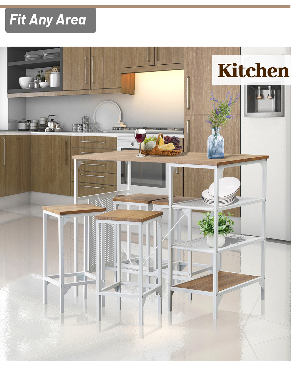 5 Pieces Counter Height Dining Table Set, with 4 Backless Bar Stools, for Pub, Kitchen, Bedroom, Living Room - Oak