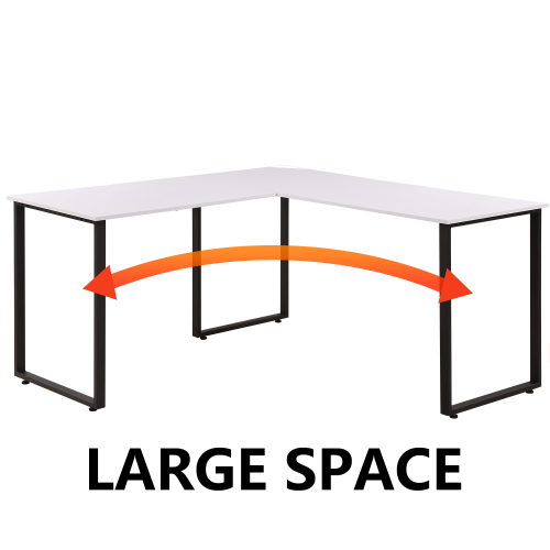 Home Office L-shape Computer Desk Wooden Tabletop Metal Frame - White