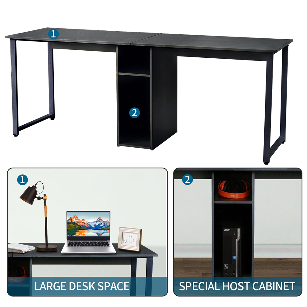 Home Office Dual Person Computer Desk with Two-layer Shelf and Wire Management Grommet - Black