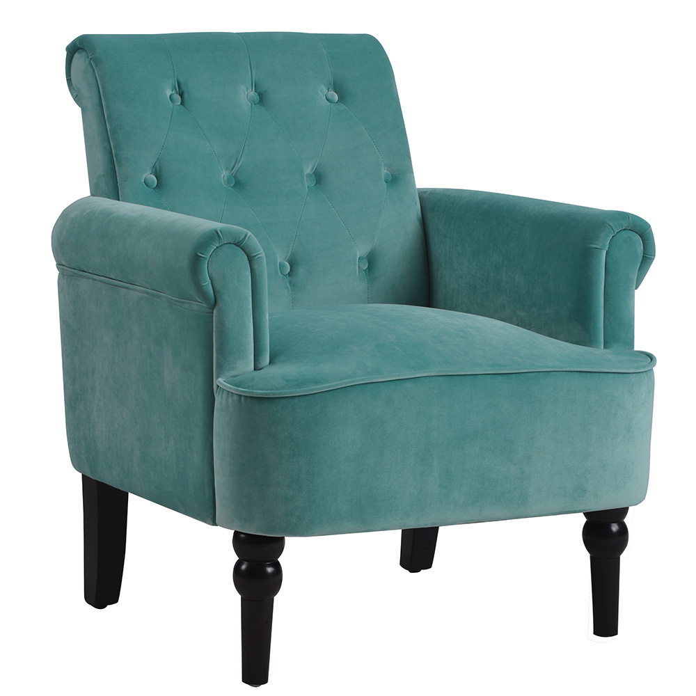 1-seat Velvet Button Tufted Sofa with Roll Arms and Wooden Legs for Living Room, Bedroom, Office, Hotel, Bar - Teal