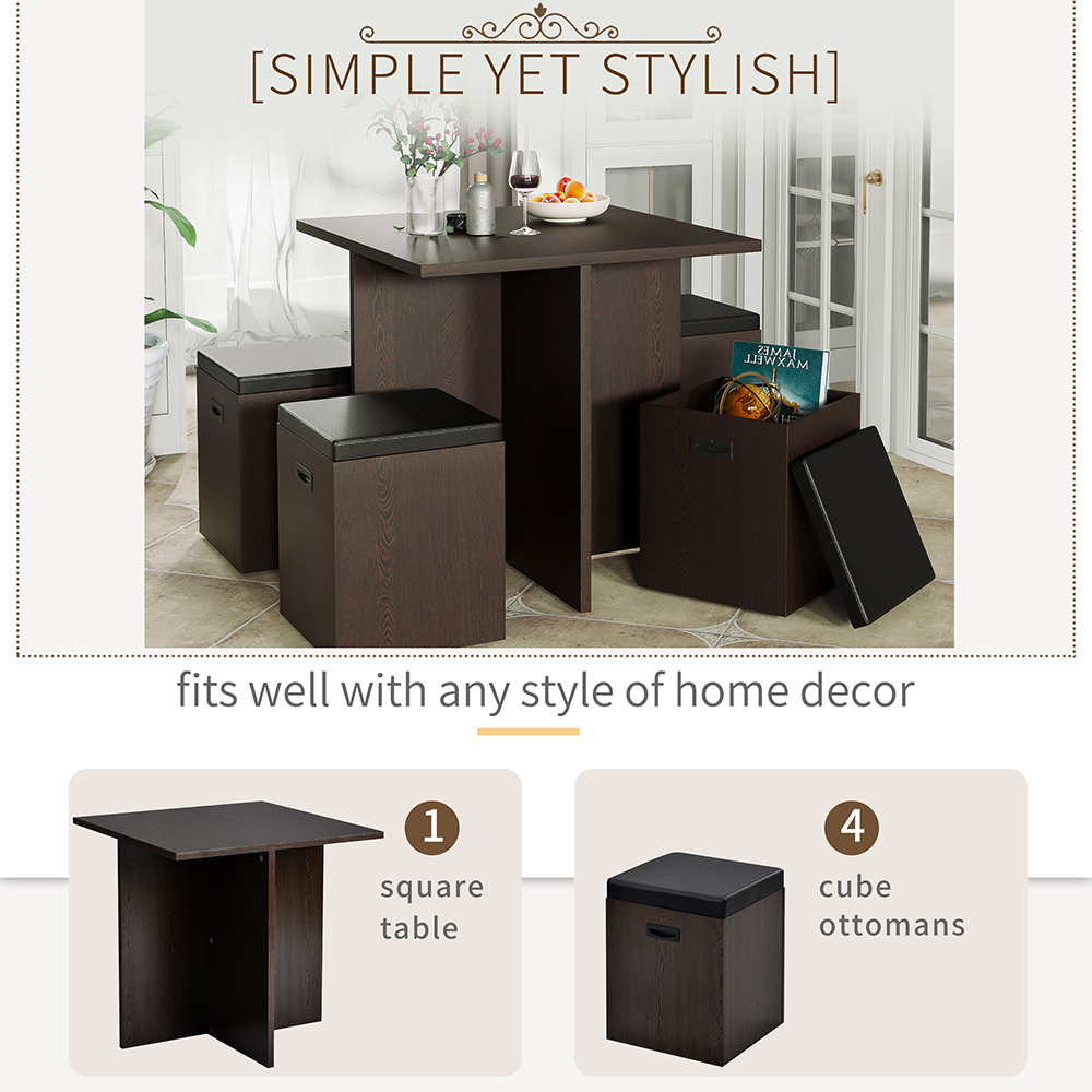 TREXM 5 Pieces Faux Wood Dining Table Set with 4 Storage Ottomans, for Kitchen, Living Room, Bedroom, Office - Espresso