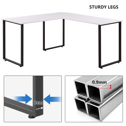 Home Office L-shape Computer Desk Wooden Tabletop Metal Frame - White