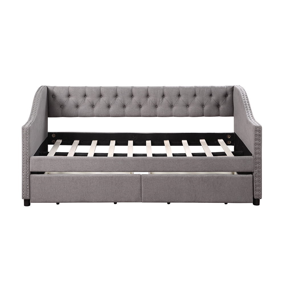Twin Size Linen Upholstered Tufted Sofa Bed Wooden Frame with Two Storage Drawers and Armrests - Gray