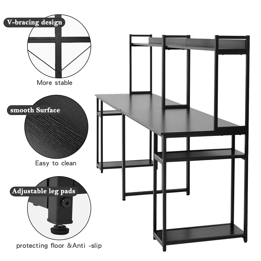 Home office Dual Person Computer Desk with Two-layer Shelf and Open Top Partition - Black