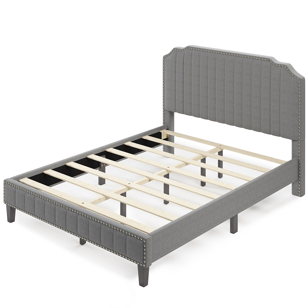 Queen Size Solid Wooden Upholstered Bed Frame with Linen Headboard and Nailhead Trim - Gray