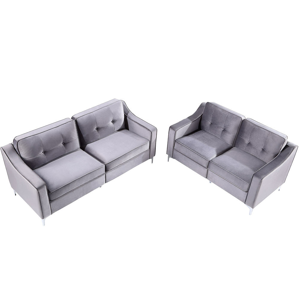 57"+72" Velvet Upholstered Sofa Set Mid-century Modern Design with Armrests and Chrome-plated Metal Legs Suitable for Five People - Gray
