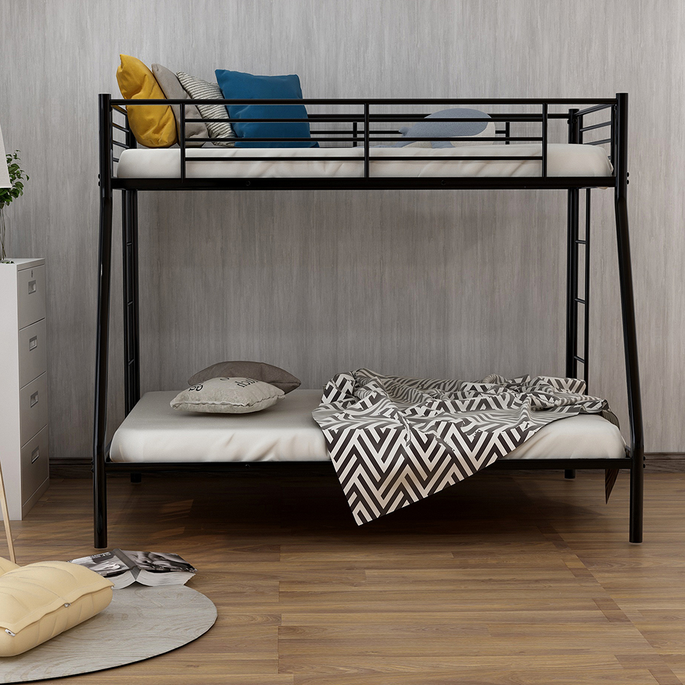 Twin-Over-Full Size Metal Bunk Bed Frame with Stairs and Guardrail for Families with Multiple Children - Black