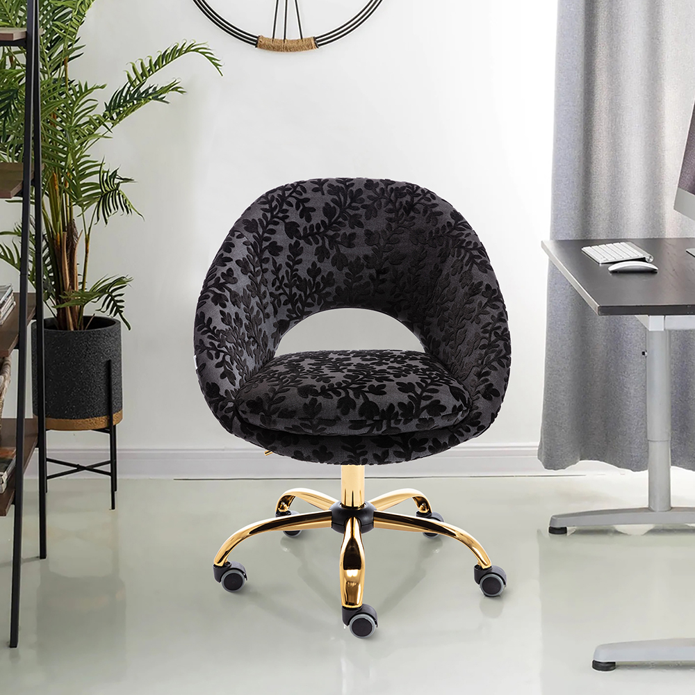 COOLMORE Velvet Rotating Chair Height Adjustable with Curved Backrest and Casters for Living Room, Bedroom, Office - Black