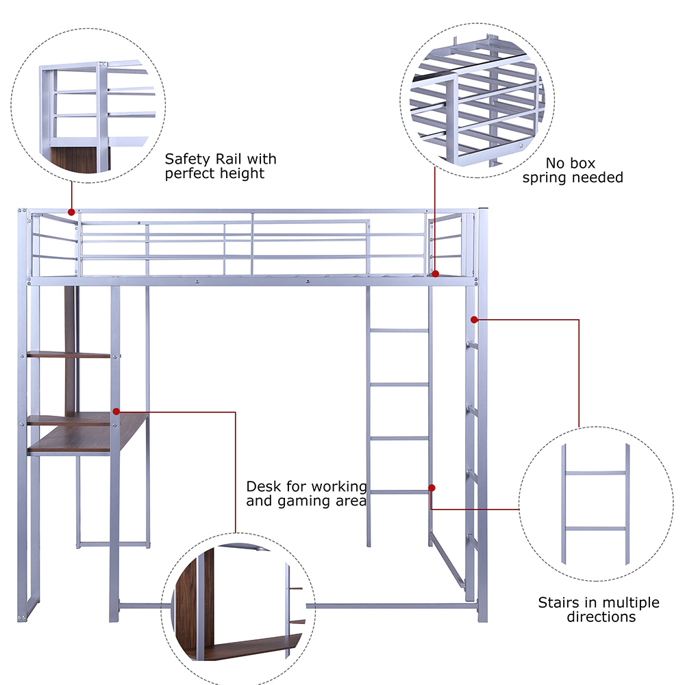 Full Size Metal Loft Bed Frame with Ladder, Shelf and Computer Desk - Silver
