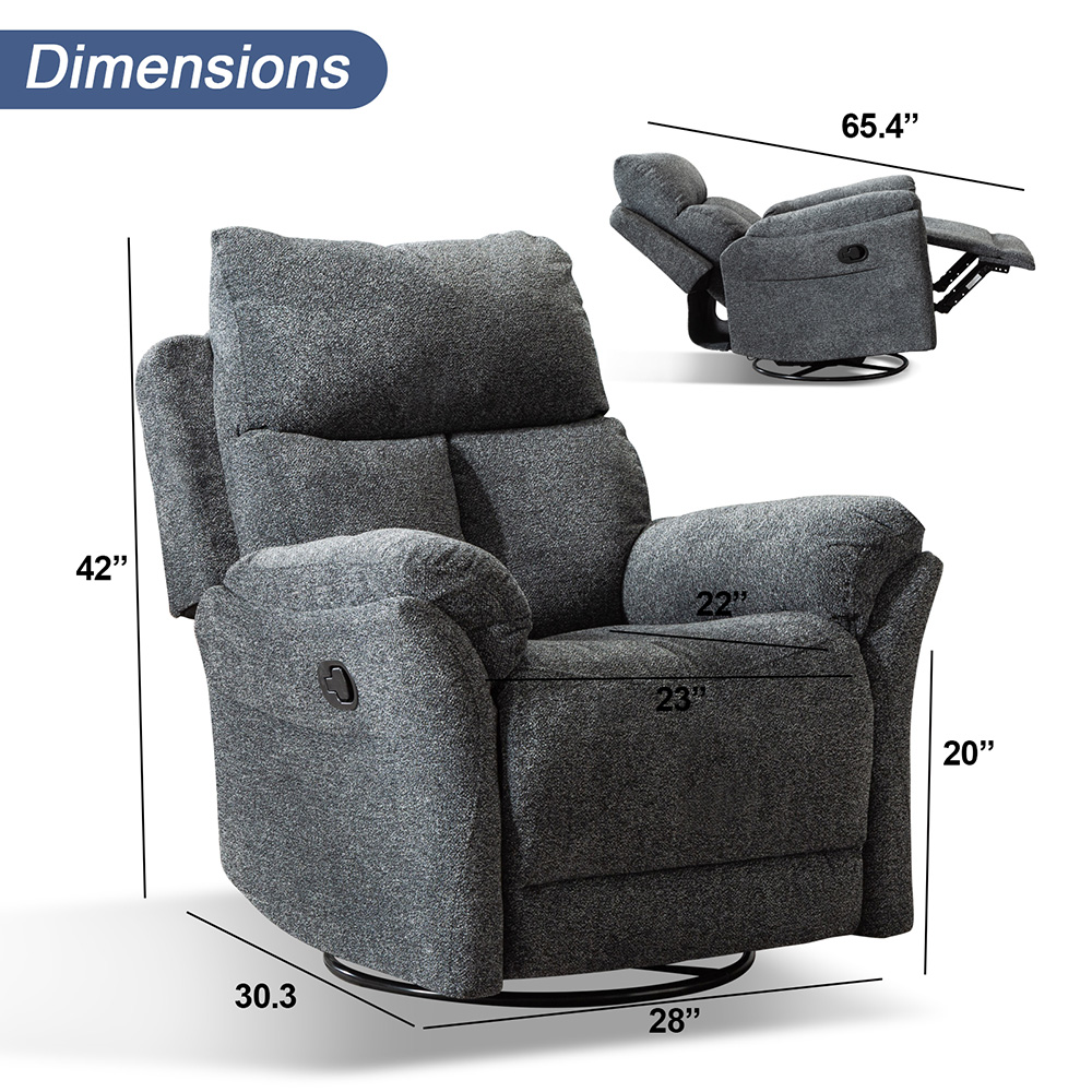 1-seat Swivel Rocker Fabric Recliner with Backrest and Armrests for Living Room, Bedroom, Office, Hotel, Bar - Smoke Grey