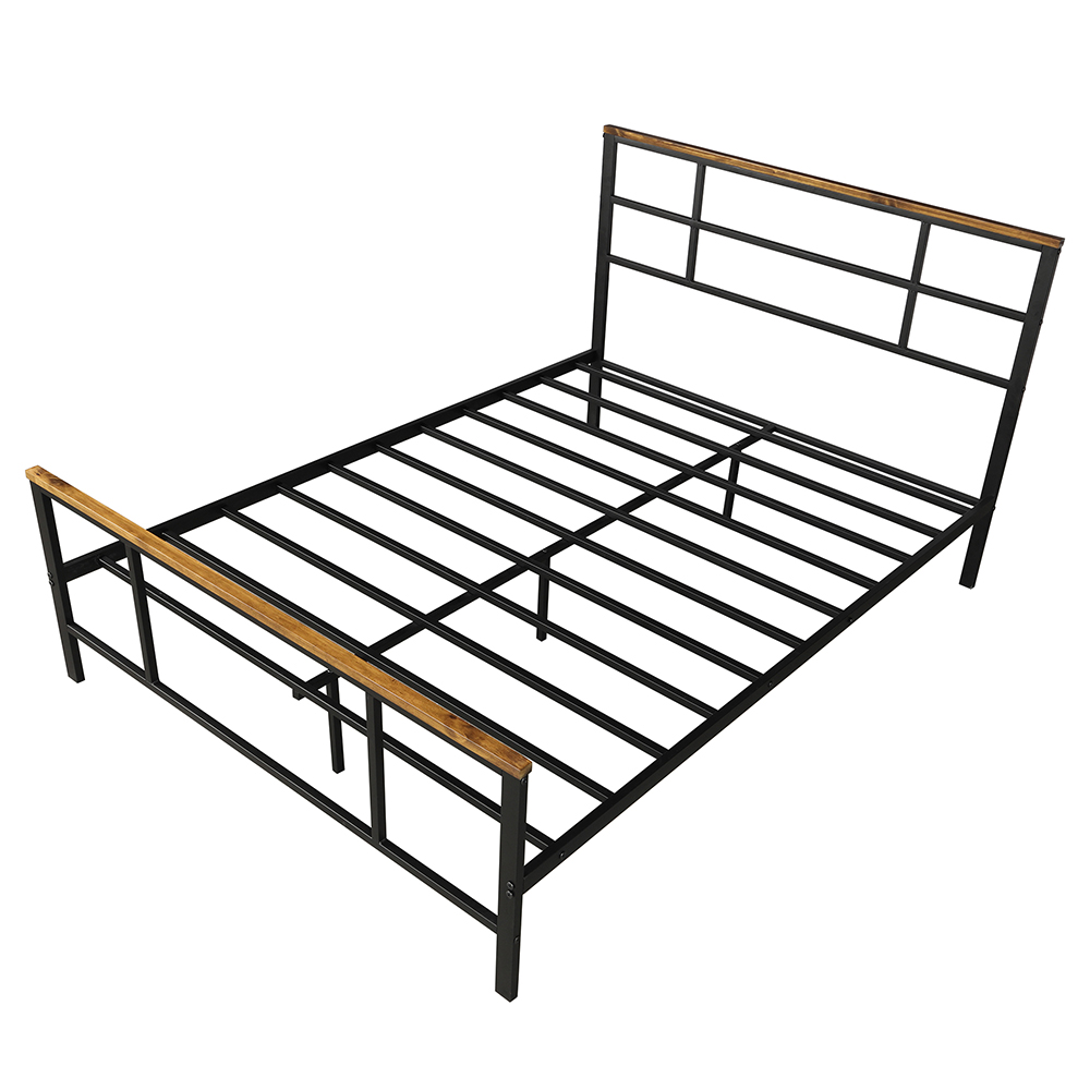 Full Size Metal Bed Frame with Pine Wood Headboard and Footboard - Black