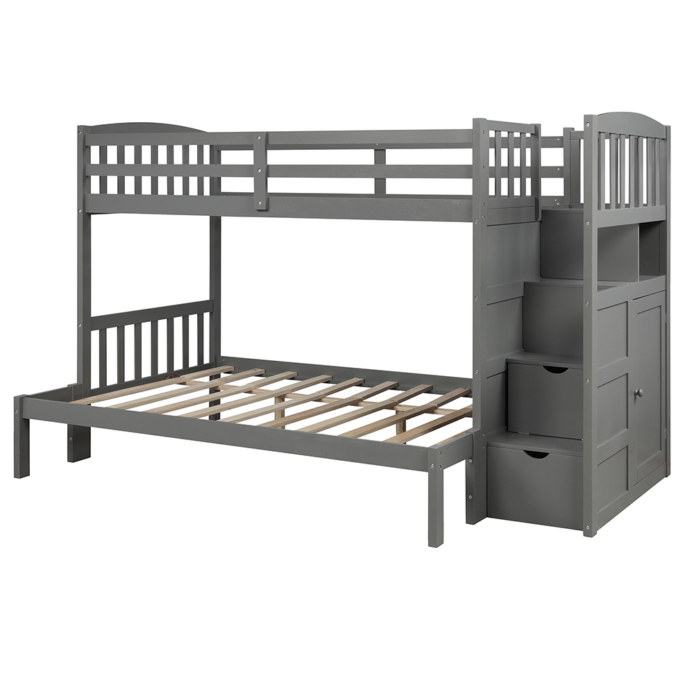Twin-Over-Twin Size Wooden Bunk Bed Frame, Convertible Bottom Bed, With Storage Stairs And Drawer - Gray 8 Twin-Over-Twin Size Wooden Bunk Bed Frame, Convertible Bottom Bed, with Storage Stairs and Drawer - Gray