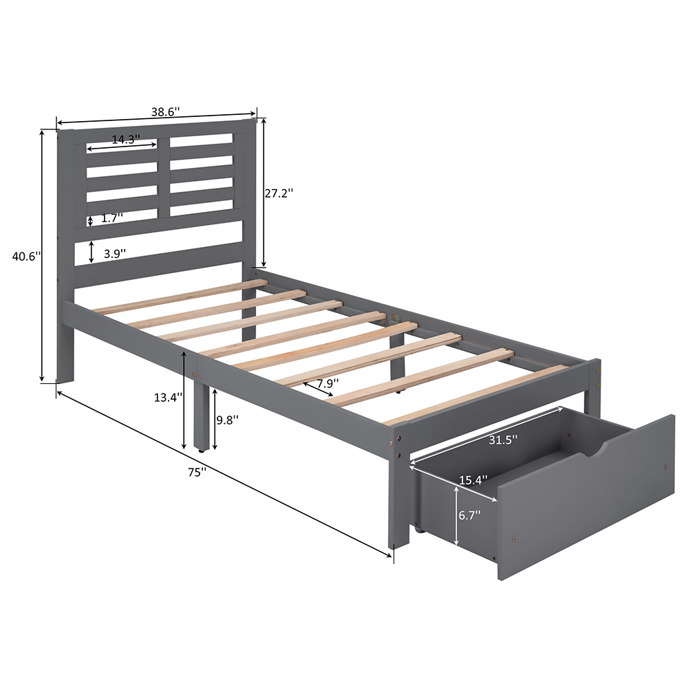 Twin Size Wooden Bed Frame with Storage Drawer - Gray