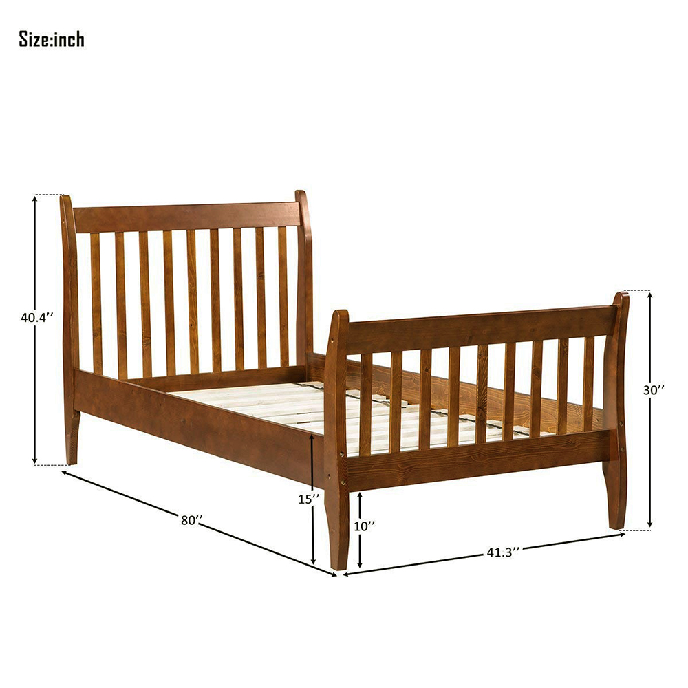 TOPMAX 80" Wooden Bed Frame with Wooden Slats and Railings (Frame Only) - Walnut