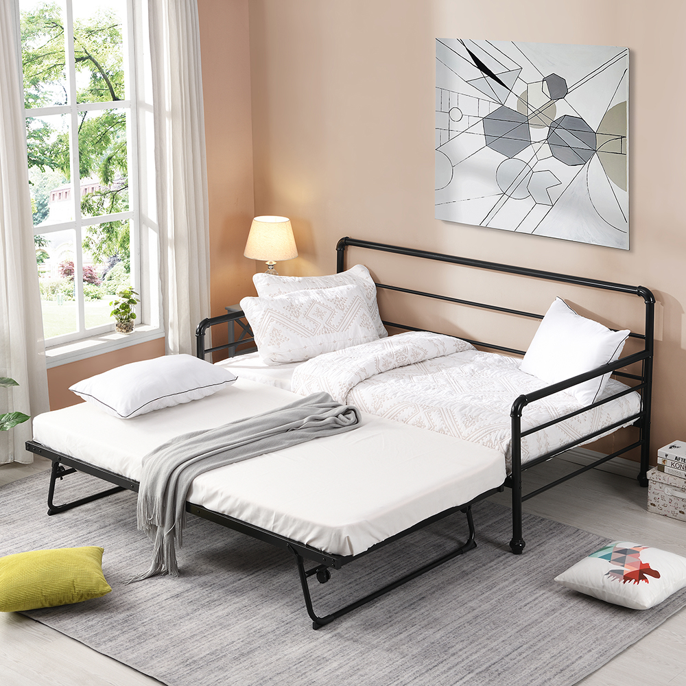Twin Size Steel Sofa Bed Frame with Adjustable Trundle Bed - Black