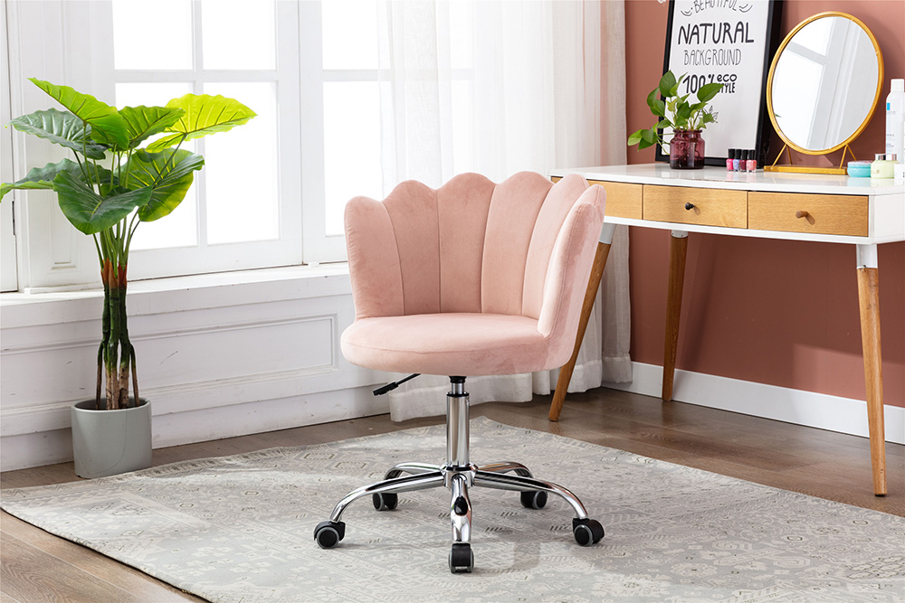 COOLMORE Velvet Swivel Shell Chair Height Adjustable with Curved Backrest and Casters for Living Room, Bedroom, Office - Pink