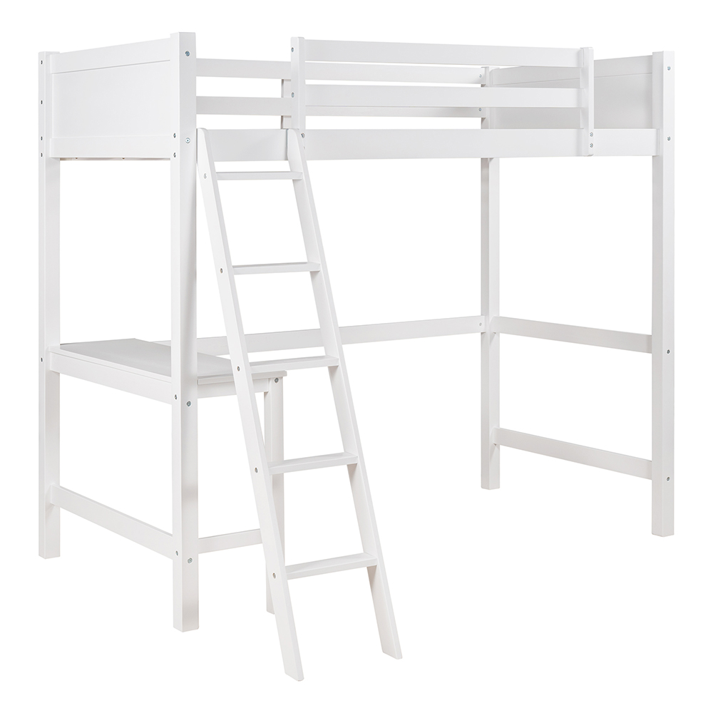 Twin Size Wooden Loft Bed Frame with Desk and Ladder Suitable for Small Rooms - White