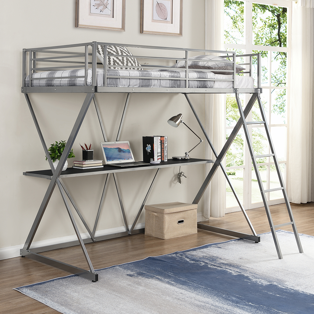 Steel Twin Size Loft Bed X-shaped Frame with Desk, Ladder and Full-length Guardrail (Only Frame) - Silver