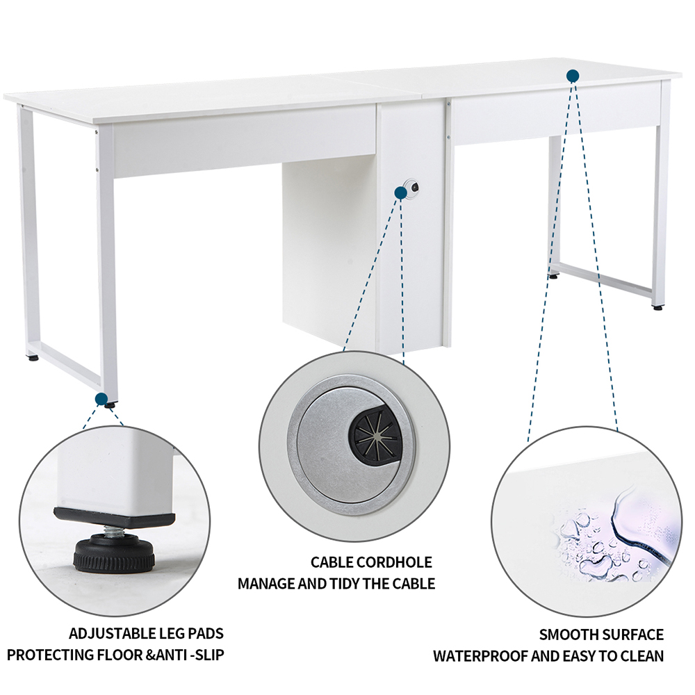 Home Office Dual Person Computer Desk with Two-layer Shelf and Wire Management Grommet - White