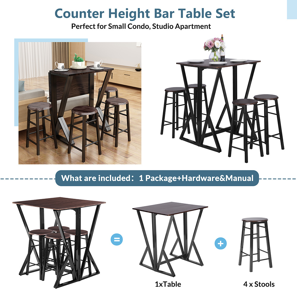 TOPMAX 5 Piece Folding Bar Table Set with 4 Stools for Kitchen, Living Room, Bar, Restaurant - Dark Coffee