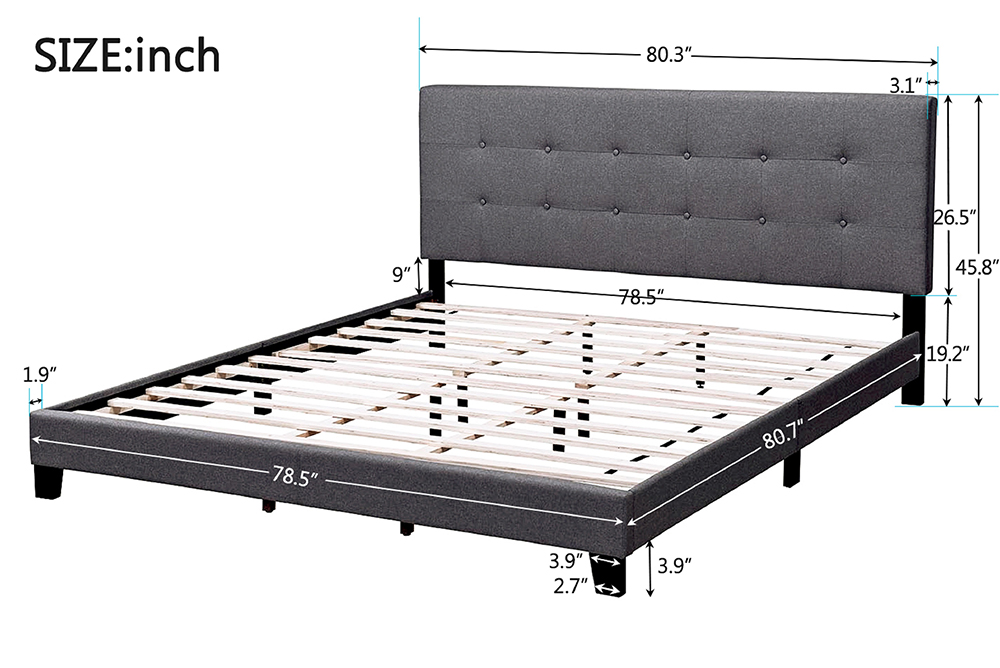 TOPMAX Upholstered Platform Bed Frame with Wooden Slat Support and Tufted Headboard King Size (Only Frame) - Dark Grey