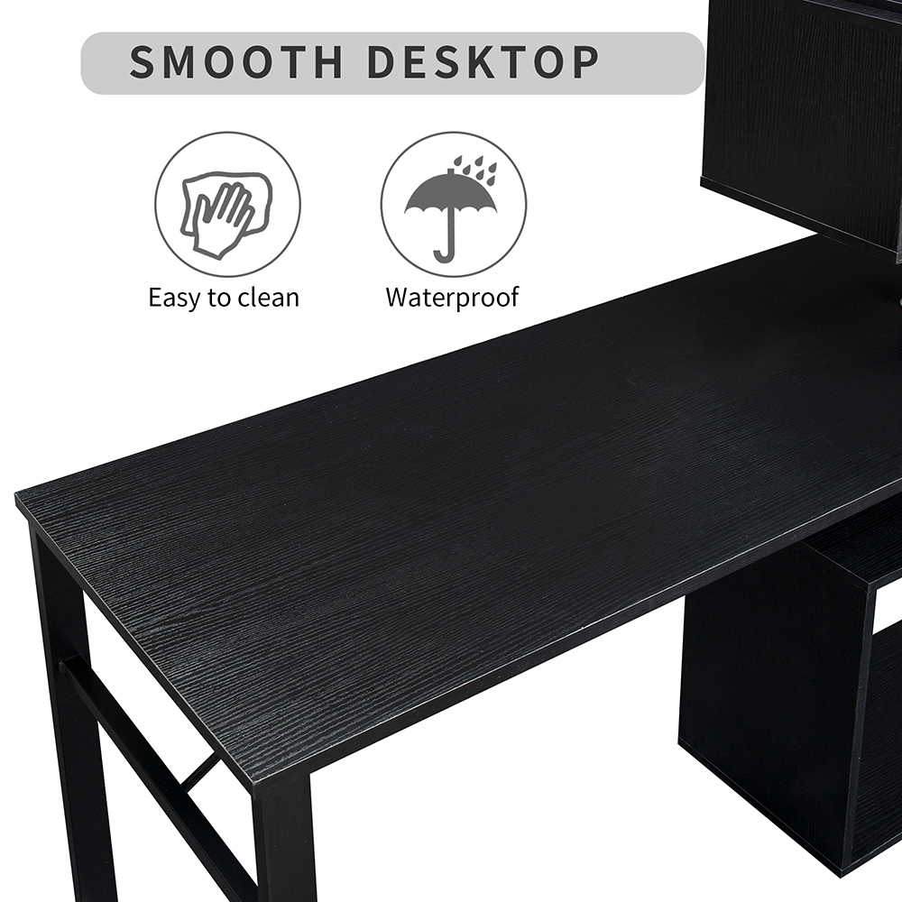 Home Office L-Shaped Rotating Computer Desk, with Five-layer Shelf - Black