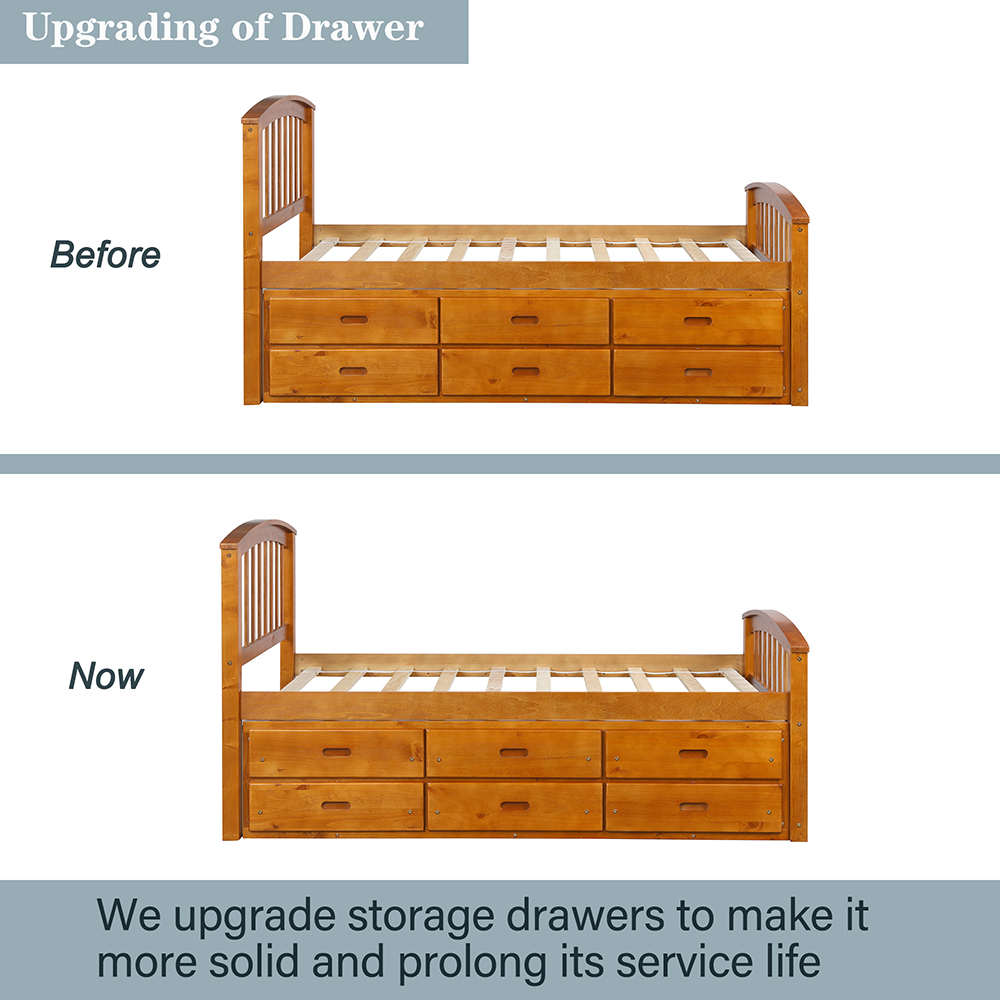Orisfur Twin Size Wooden Bed Frame with 6 Storage Drawers - Oak