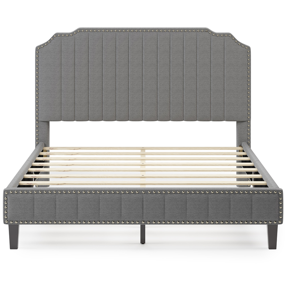 Queen Size Solid Wooden Upholstered Bed Frame with Linen Headboard and Nailhead Trim - Gray