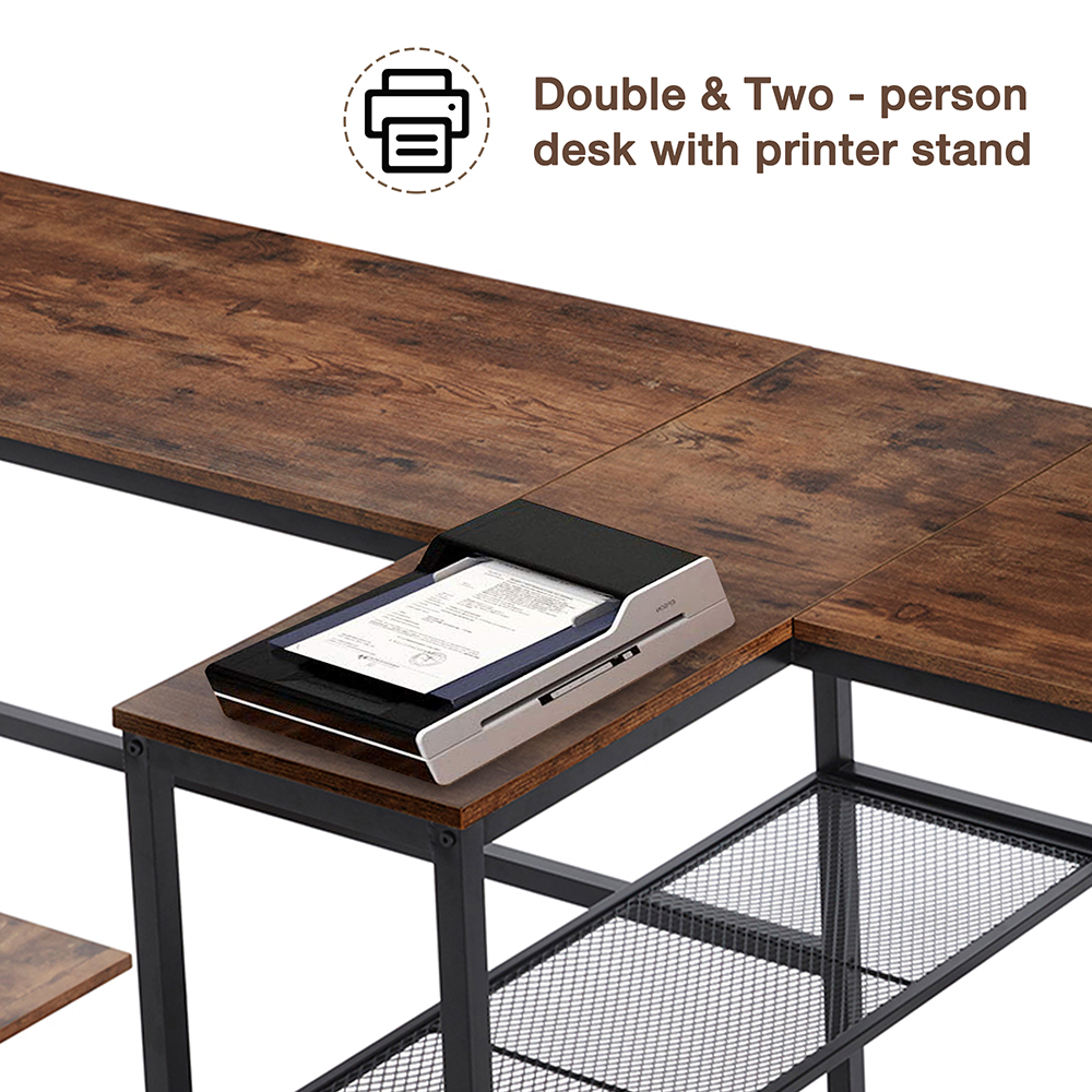 Home Office Dual Person Computer Desk with Two-layer Shelf and CPU Bracket - Brown
