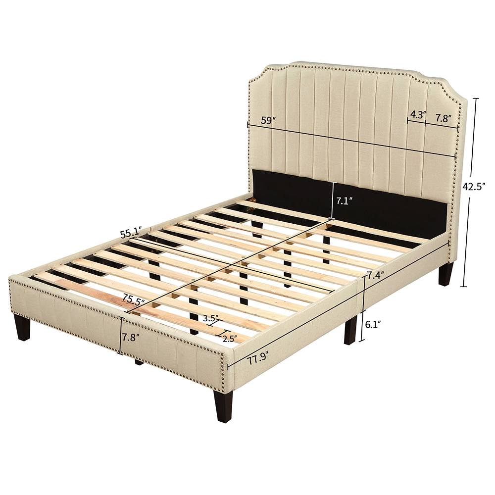 Full Size Solid Wooden Upholstered Bed Frame with Linen Headboard and Nailhead Trim - Cream