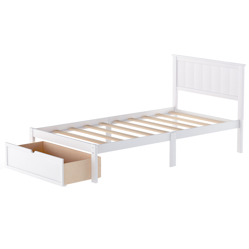 Twin Size Wooden Bed Frame with Under-bed Storage Drawer - White