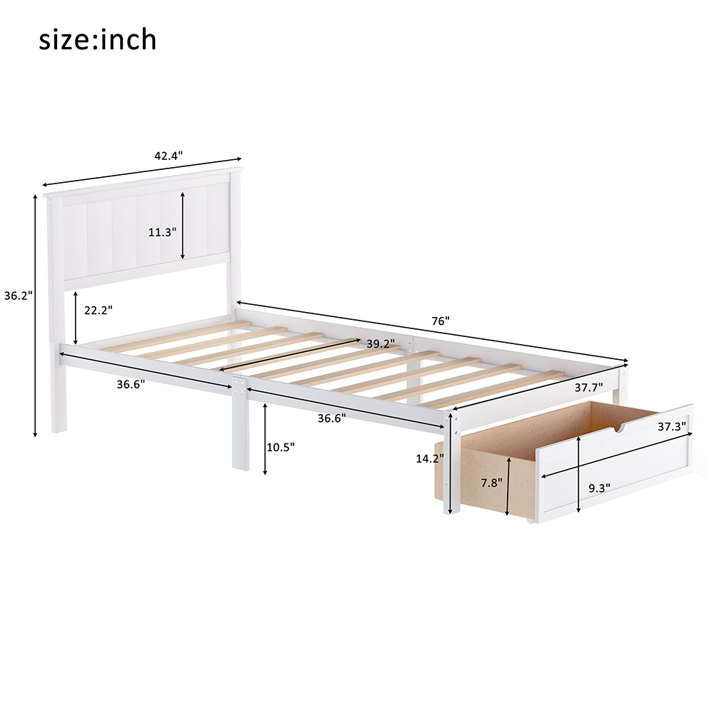 Twin Size Wooden Bed Frame with Under-bed Storage Drawer - White