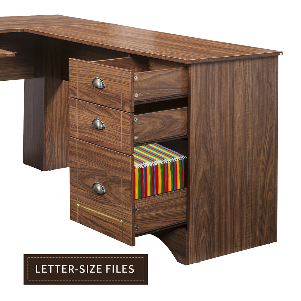 Home Office L-shaped Corner Computer Desk with Three Drawers and Storage Cabinet - Walnut